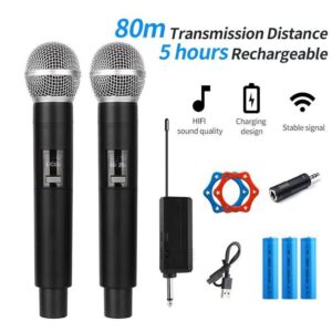 YUUIKLLE Professional Dual UHF Wireless Microphone System - 2 Rechargeable Handheld Mics for Karaoke, DJ, Wedding & PA Applications