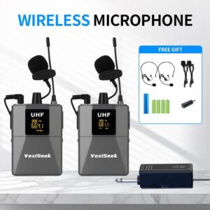 vexiSeek Professional UHF Wireless Microphone System with Headset and Lavalier Lapel Mics,for PA Speaker, Camera, Video Recording, Teaching, Church, Interview