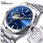 Chenxi automatic mechanical wristwatch with stainless steel silver strap, black dial, open-heart design, and premium analog movement.